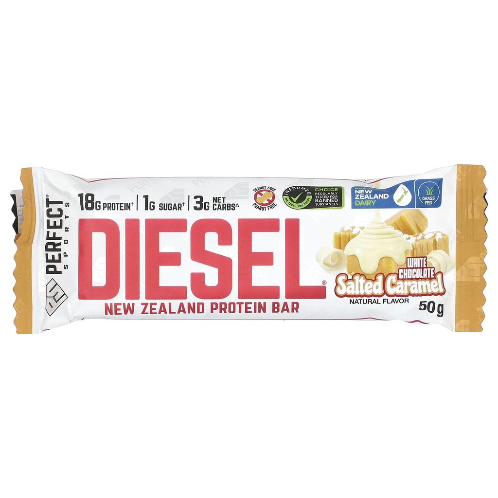 Perfect Sports Diesel, Neuseeland Proteinriegel, Weiße Schokolade Salzkaramell, 12 Riegel, je 50g
