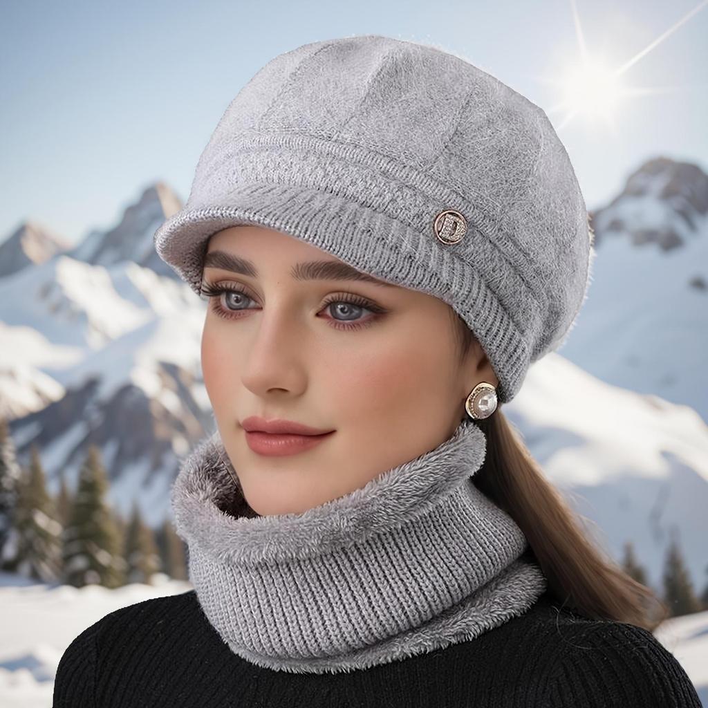 Women's Warm Knitted Winter Hat Warm Hat with Padded Fleece Lining and Ear Protection with Sun Visor Brim