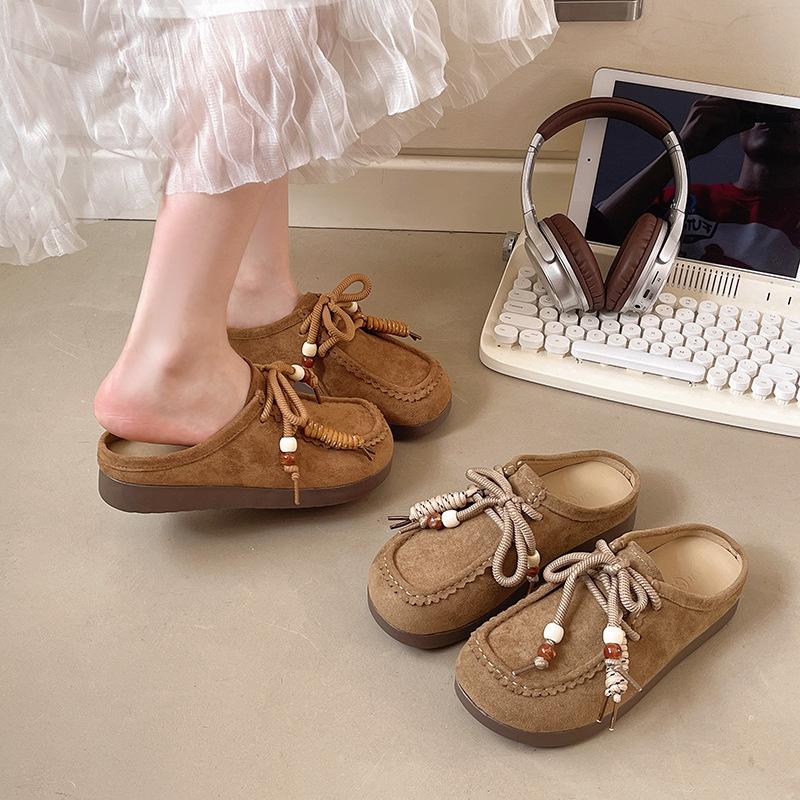Retro lace-up Boken shoes bag head half slippers women's outerwear 2025 autumn new one-pedal platform Muller sandals