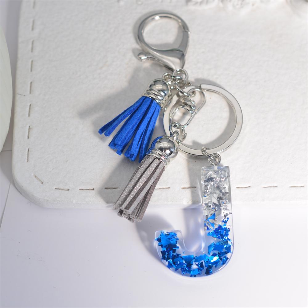 

Creative 26 Letter Resin Keychains With Tassel Fashion Bule Sliver Color Sequin Filled Initials Keyrings Bag Pendant Accessories