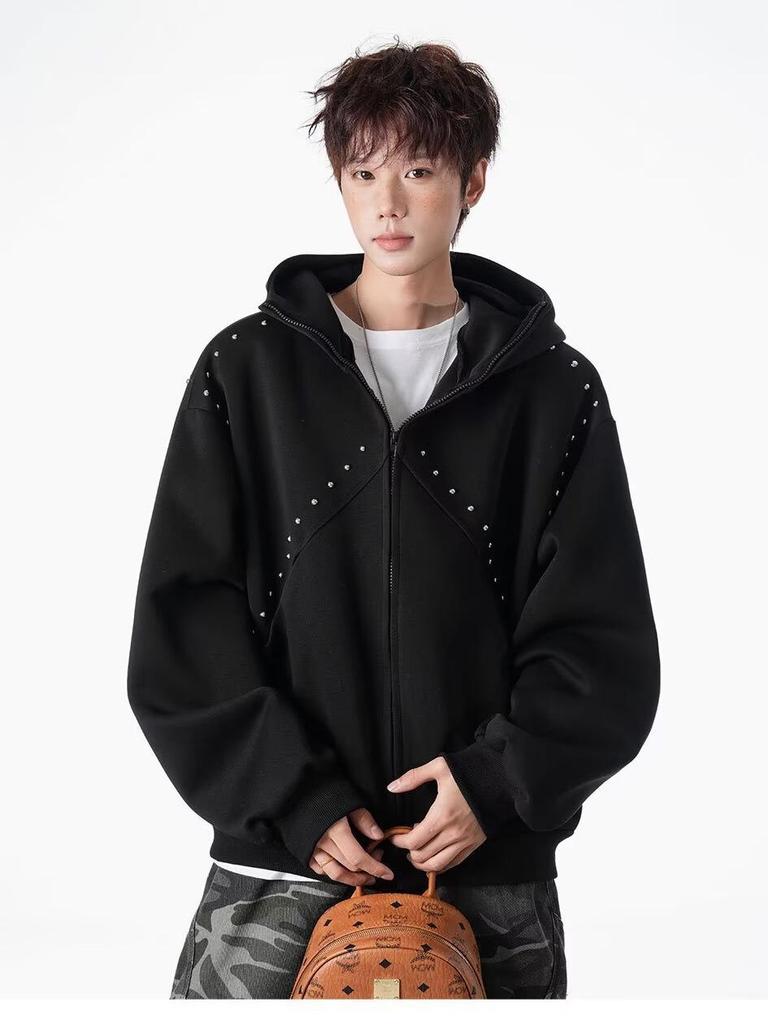 Men's Trendy Retro Streetwear Riveted Hooded Cardigan