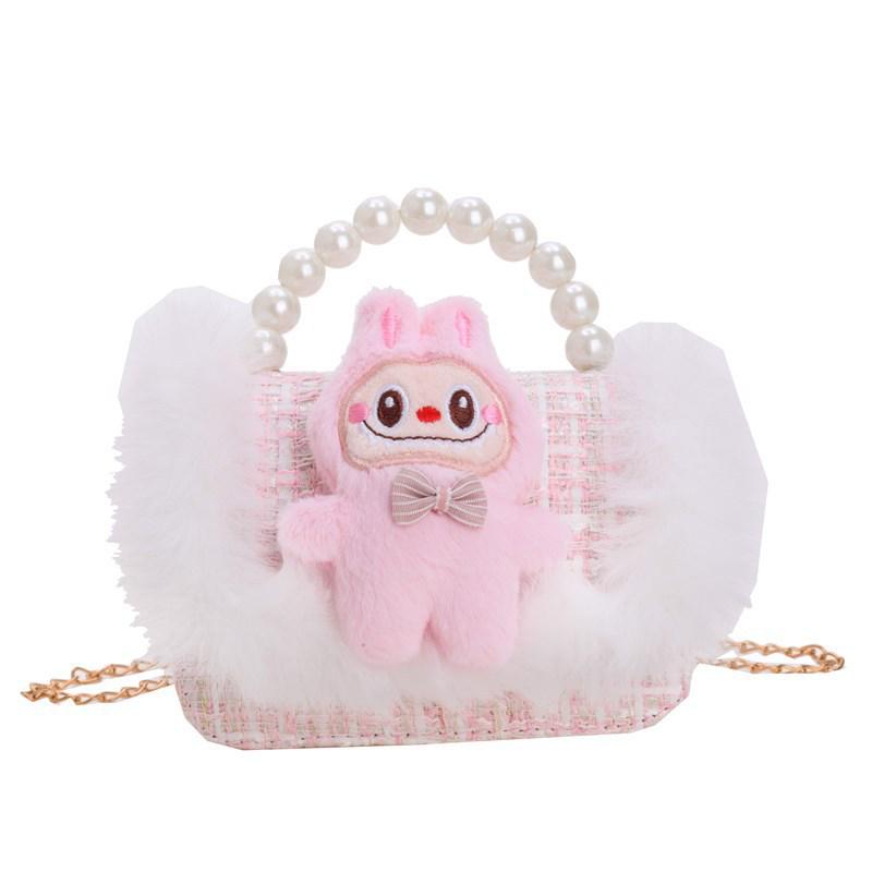 Labubu Children's Plush Lace Pearl Shoulder Bag - Crossbody Storage for Kindergarten Kids
