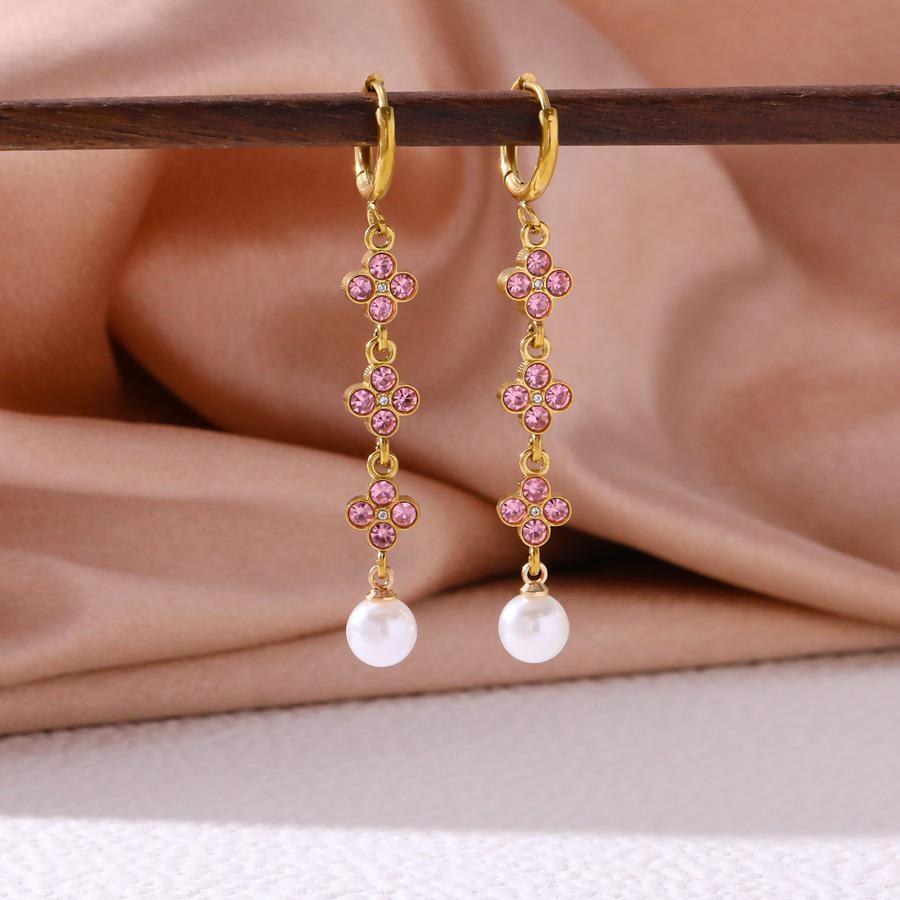 European & American Light Luxury Zircon Pearl Earrings - Colorful Four-Leaf Clover Design