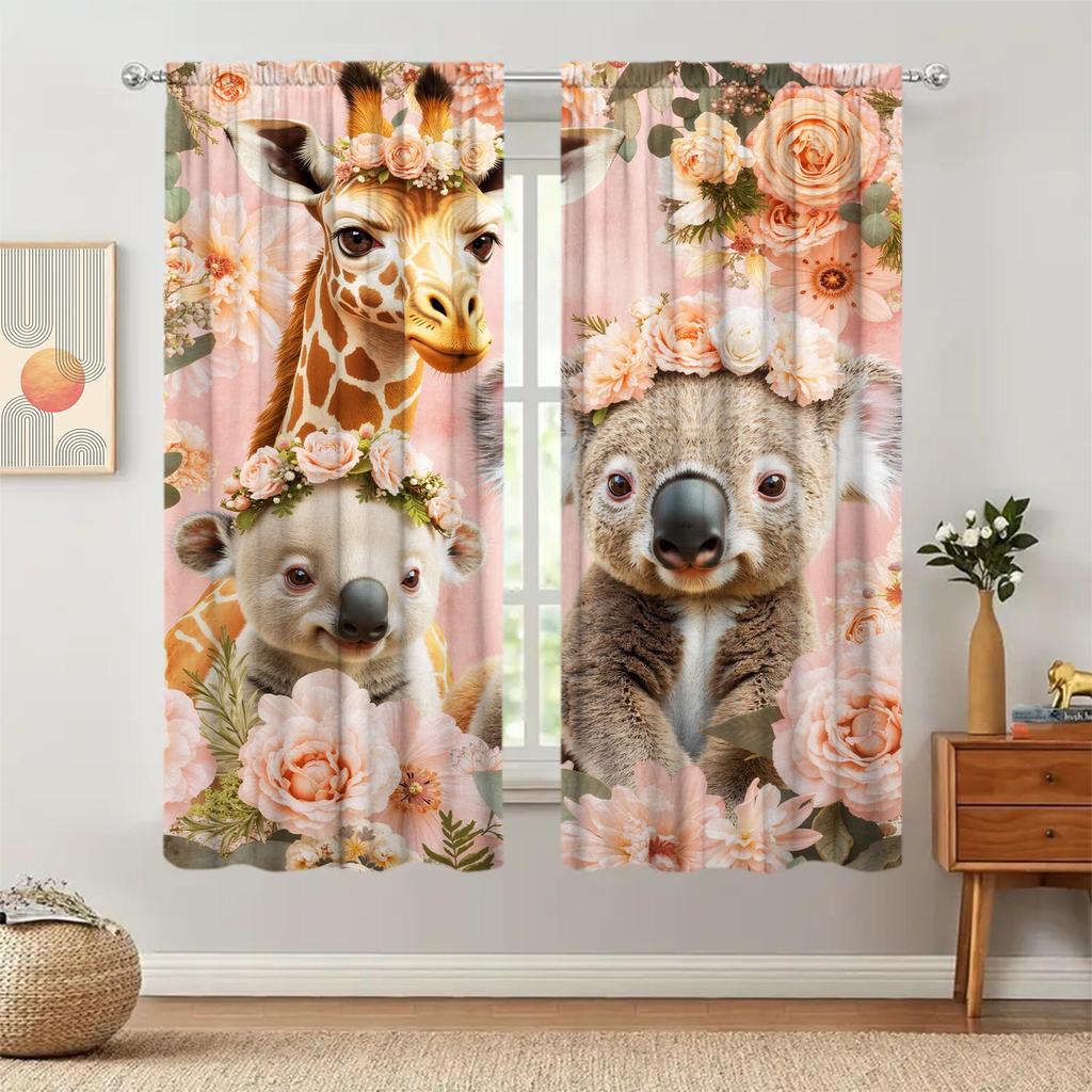 2 Panels Warm and Lovely Koala Giraffe Pattern Curtains   Shade and Privacy Protection   Suitable for Decorating Various Rooms