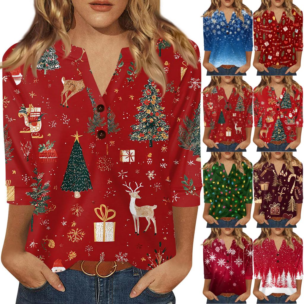 Women's T Shirt Christmas Print Button 3/4 Sleeve Daily Weekend Fashion Basic V- Neck Regular Top