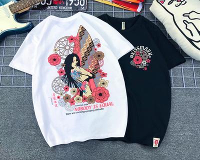 Japanese Tide Brand Lucky Ghost Little Devil Fishing Carp Printing Pure Cotton Large Size T-shirt Men's Women's Locomotives