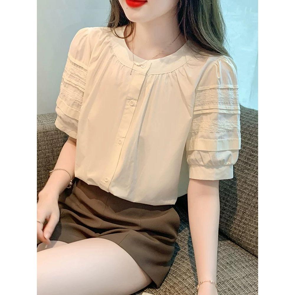 

French Round Collar Ruffle Puff Sleeve Blouse Women s Summer New Fashion Elegant Slimming Short Sleeve Versatile Top XXXL абрикосовий