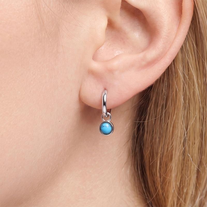 Silver-Tone Dangle Earrings with Visible Blue Veining, Electroplated Copper Hoops and Hinged Openings for Coordinated Everyday Outfit Wear