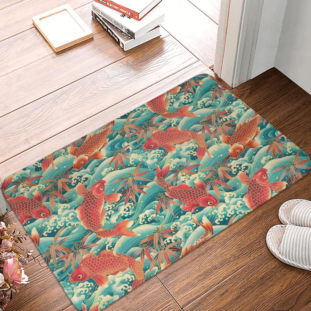 Koi Fish Sakura Blossom In Turquoise Doormat Mat Anti-Slip Cherry Flower Floral Kitchen Bath Garage Rug Carpet 40*60cm