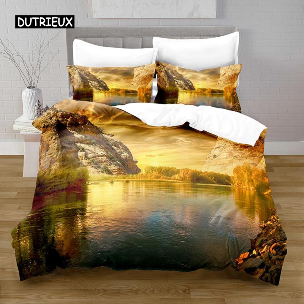 Lake Duvet Cover Set Lake Mountain Peak Stone Pattern Quilt Cover For Teens Adults Natural Scenery Theme Microfiber Bedding Set