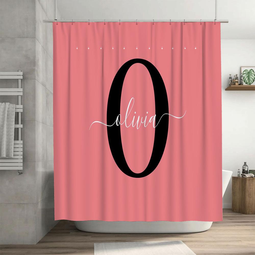 Custom Name Personalized Bath Shower Curtain for Kids Girls Bedroom Decor Pink Color with Black 'O' Letter Design by Olivia (Len