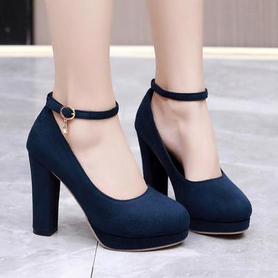 Damen High Heels Frühling und Herbst einfarbig wasserdichte Plattform dicken Absatz große Größe Low Top Schuhe