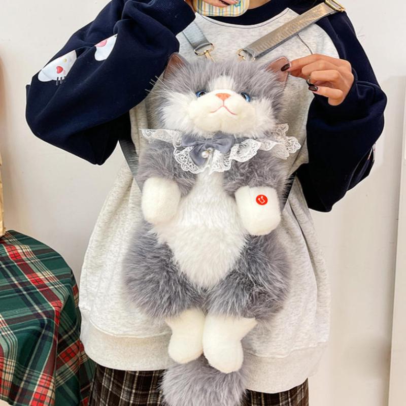 1Pcs Lolita Cartoon Personality Backpack With Sound Women Cat Plush Doll Small Capacity Daypack Cute Realistic Ragdoll Backpack