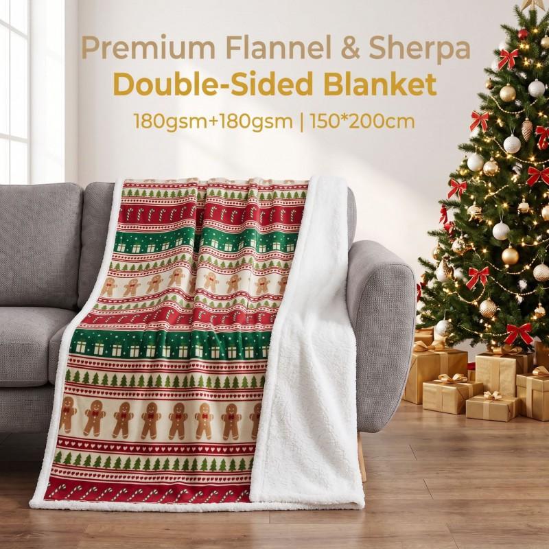 Christmas Flannel Sherpa Blanket Double Layer Thick Warm Throw Couch Napping Holiday Gift