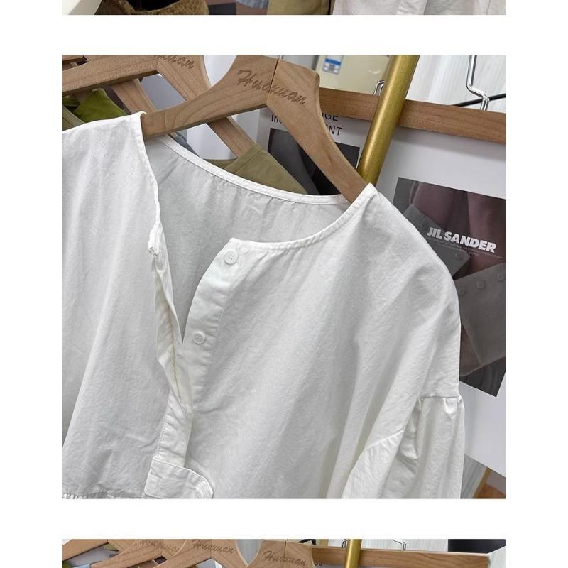 Womens Casual Solid Color V Neck Puff Sleeve Pleated Blouse