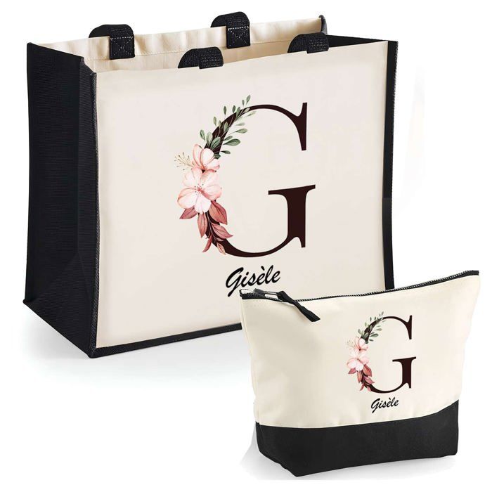 Coffret sac cabas & trousse jute - PLANETEE - Gisèle Lettre Fleur - Personnalisable - Éco-responsable - Made in France