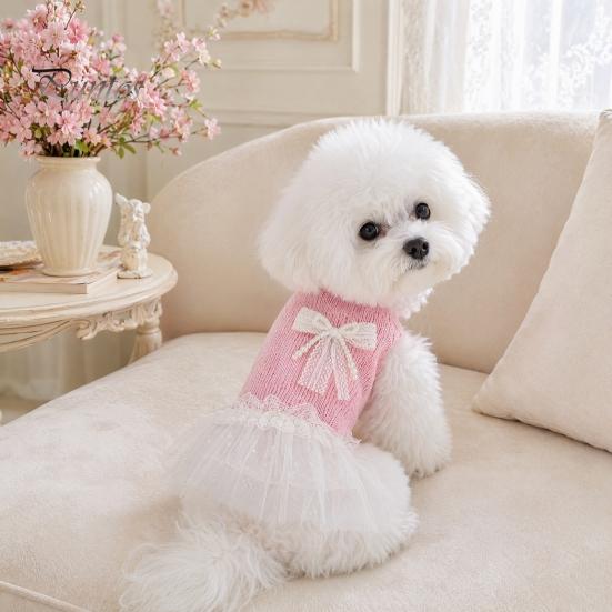 Breathable Dog Clothing Knitted Sleeveless Dress, White Tutu Puppy Princess Cute Girl Dress Pet for Summer with Lace Faux Pearl Bow, Female Small Dogs