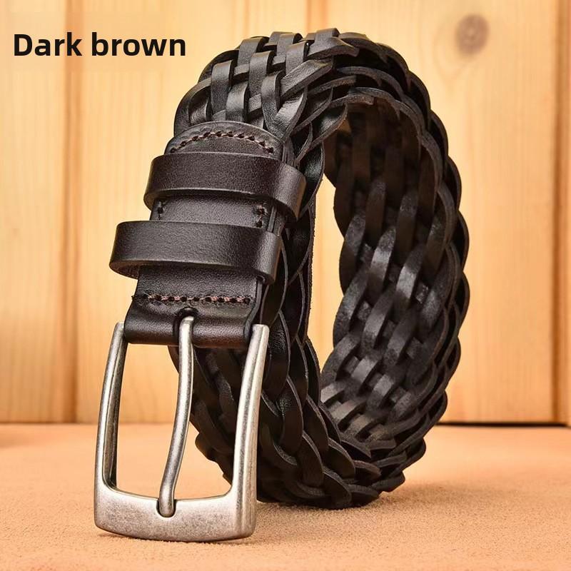 Meimeier Handmade woven leather belt - men's genuine top grain cowhide casual retro pin buckle belt
