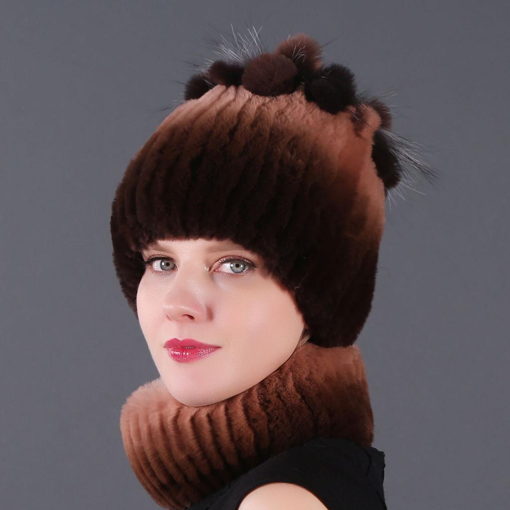 Women's New Rex Rabbit Short Dye Plus Black Fox Hair Hat Scarf Two-piece Set, Winter Warm Woven Fur Hat