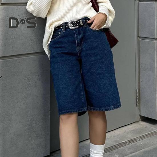 Dámské džínové šortky ke kolenům s kapsami Střední pas Volné džínové bermudy Rovná nohavice Džínové krátké kalhoty