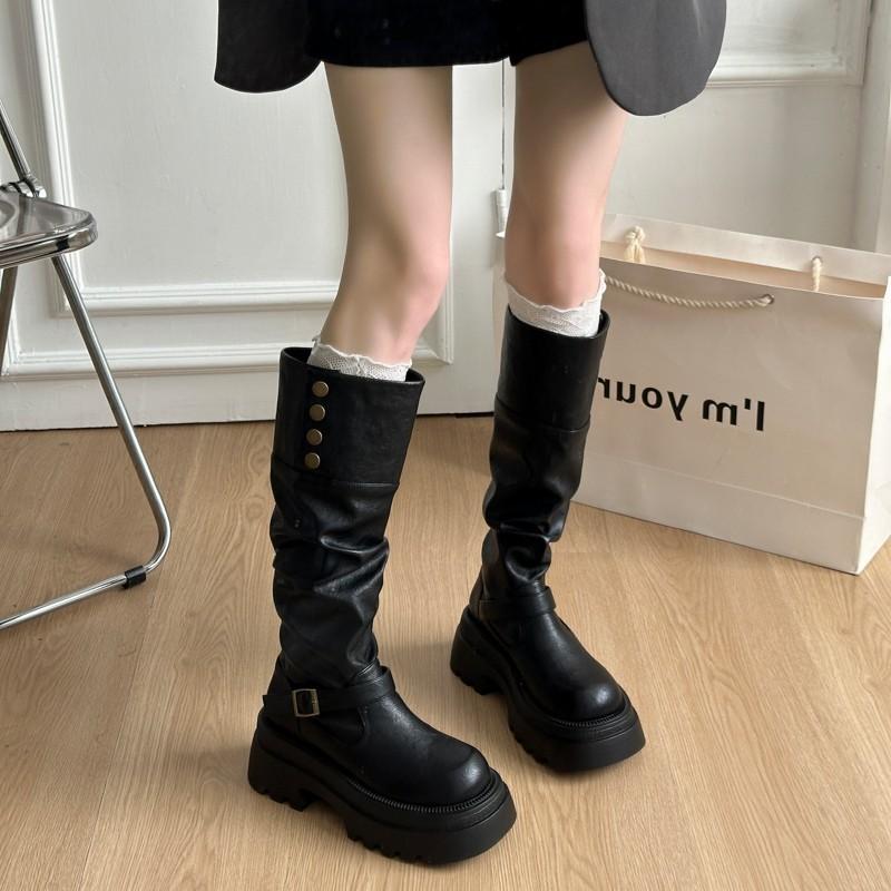 [Xu Jiaqi] Autumn and Winter Thick-soled Thick-heeled Pleated Medium-high Elastic Stacking Boots Women's Boots