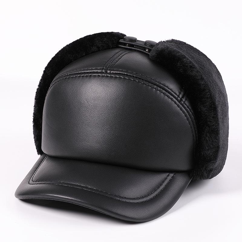 Men's Winter Genuine Leather Lei Feng Hat - Warm Duckbill Cowhide Cap for Elderly
