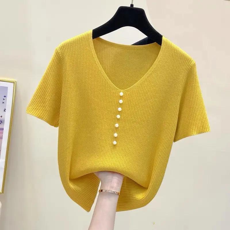 Γυναικείο πλεκτό τοπ με V λαιμόκοψη, κοντομάνικο, με κουμπιά πέρλα, casual, χαλαρή εφαρμογή, μπλούζα