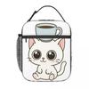 White Cat Holding Coffee Cup Pattern Insulated Lunch Bag for Women Kids Portable Food Boxes Thermal Lunch Box Tote