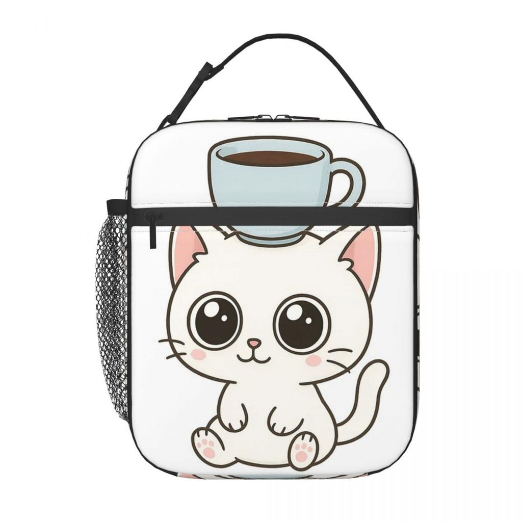 White Cat Holding Coffee Cup Pattern Insulated Lunch Bag for Women Kids Portable Food Boxes Thermal Lunch Box Tote