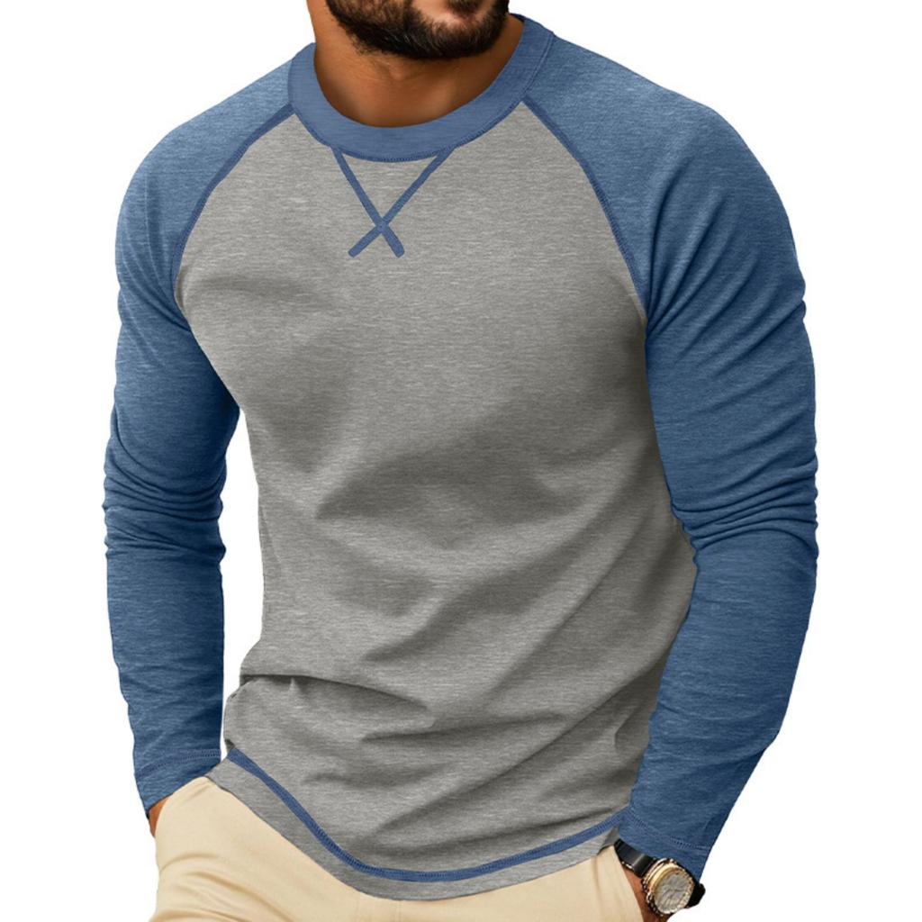 Herren Langarm Rundhals Freizeit T-Shirt Raglanärmel Kontrastnähte Leicht Atmungsaktiv Oberteil für den Alltag