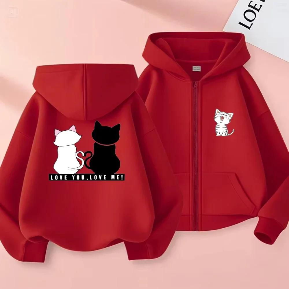 Girls Full Zip Hooded Sweatshirt Lovely Cartoon Kitten Silhouette Matching Tail Graphic Loose Casual Kids Outerwear With Front P