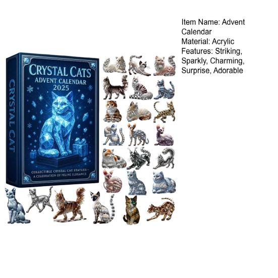 Faux Crystal Cat Advent Calendar 2025 Collectible 2D Acrylic Cat Pendant Set 24 Days Christmas Countdown with 24 Different Breeds Kitten Ornaments