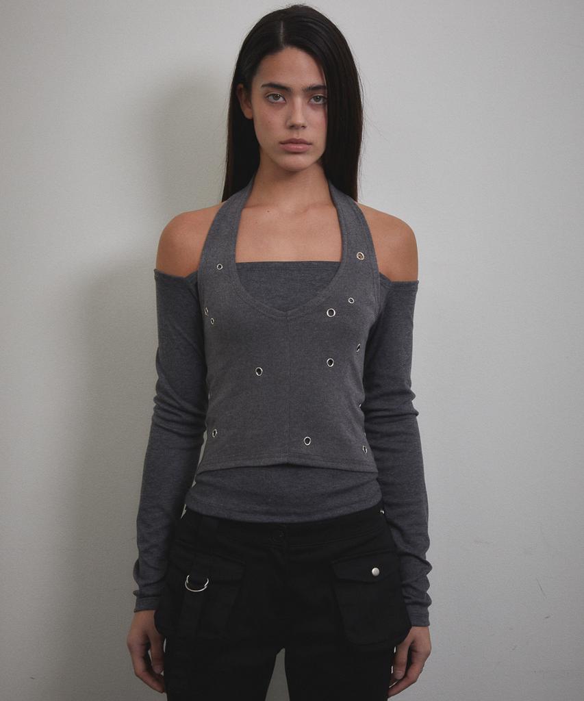 Bunteu Eyelet Halter Long Sleeve (Charcoal)