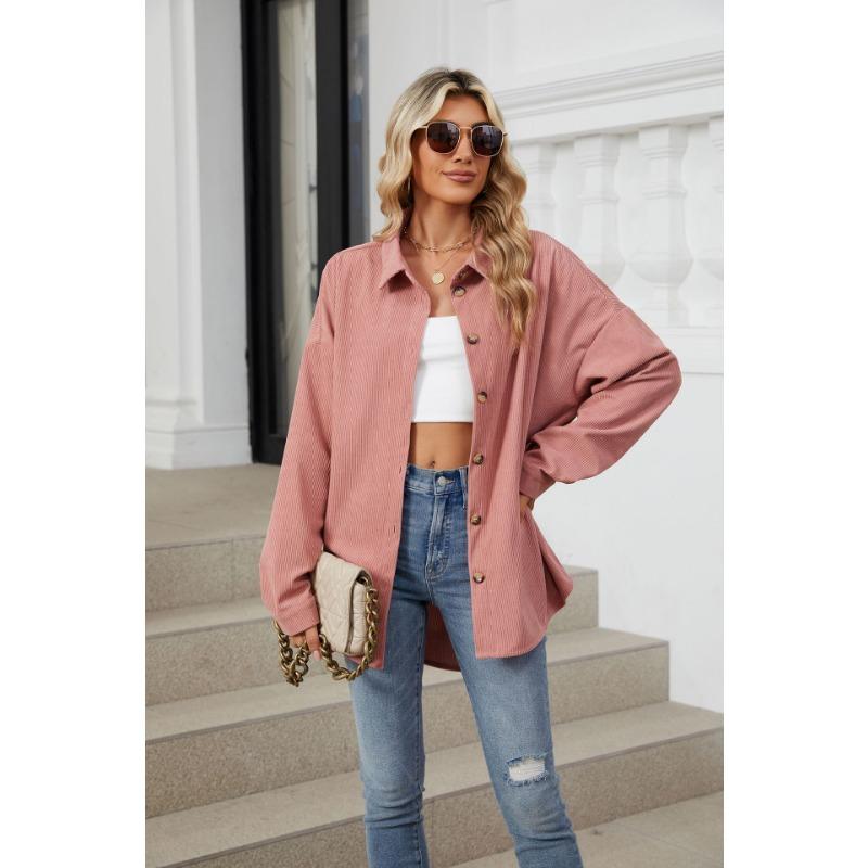 Spring and Autumn Women's Solid Colour Lapel Button Long Sleeve Loose Shirt Jacket