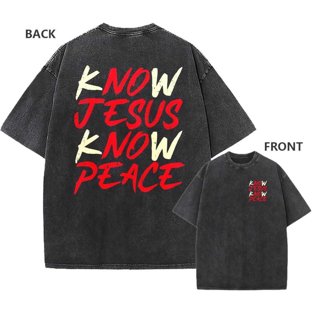 Men s Vintage Oversized Washed T-Shirt Cotton Know Jesus Know Peace Casual Tee S