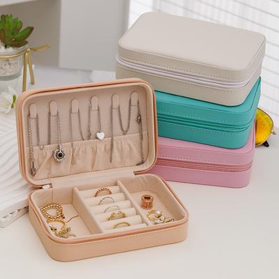 Mode Kvinnor Bärbar Rese Smyckeskrin PU Läder Halsband Ring Örhängen Dragkedja Förvaringslådor Smyckesvisningsfodral Organizer