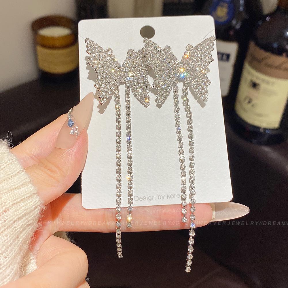 925 Sterling Silver Full Diamond Tassel Earrings – High-End European & American Style, Super Shiny, Luxurious Ear Jewelry for Women.