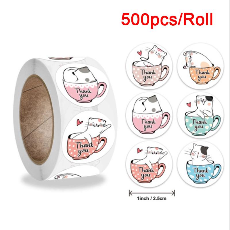 500Pcs Cat Thank You Stickers  Round Adhesive Seal Labels For Gift Decoration