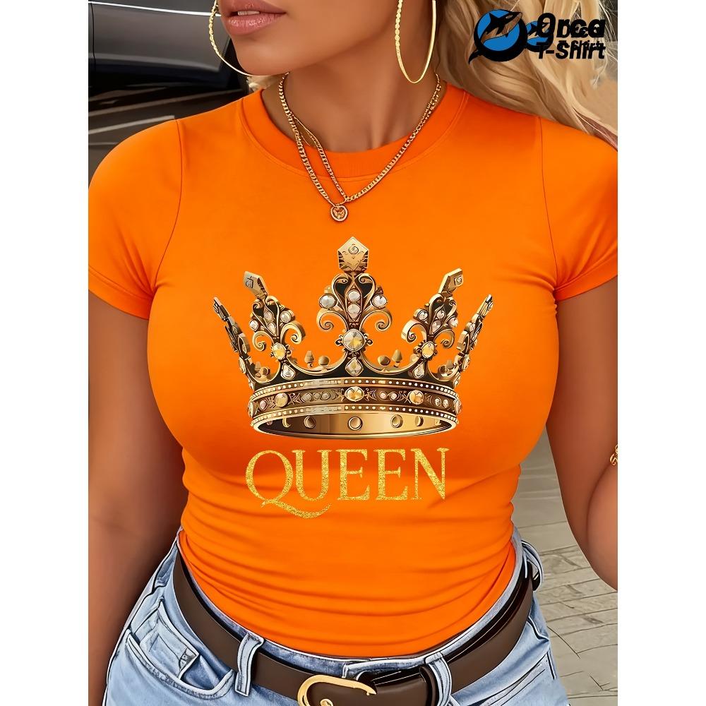 Queen s Crown Graphic Print T-Shirt - Women s Casual Round Neck Short Sleeve Fashion Top XXS