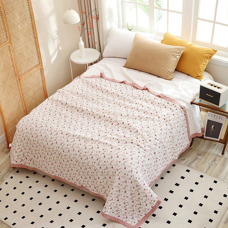 Florale Waffel-Decke aus reiner Baumwolle - Sommer-Kühlbettdecke für Einzel- und Doppelbetten