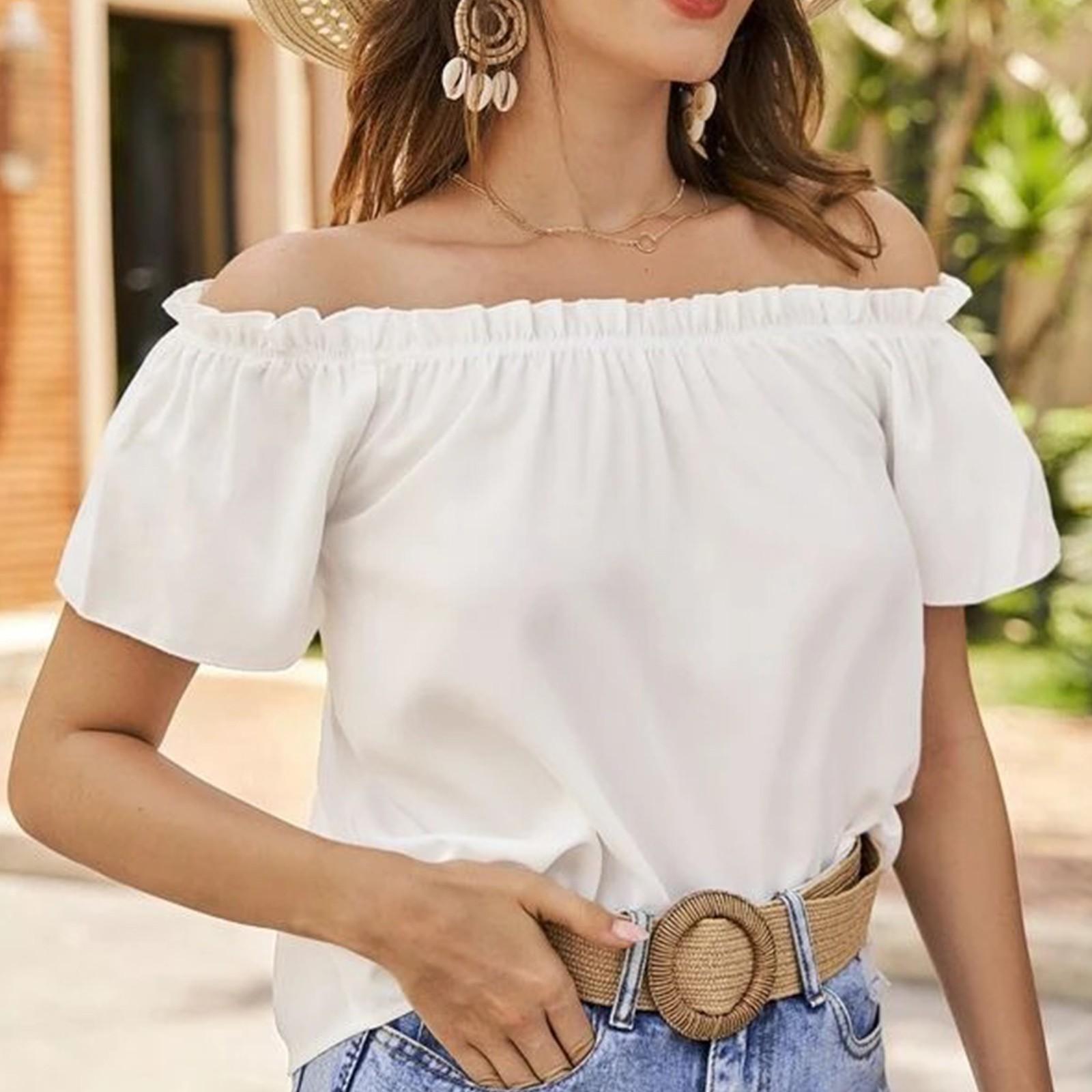 

Женская летняя повседневная рубашка с открытыми плечами и оборками, короткий рукав S белый