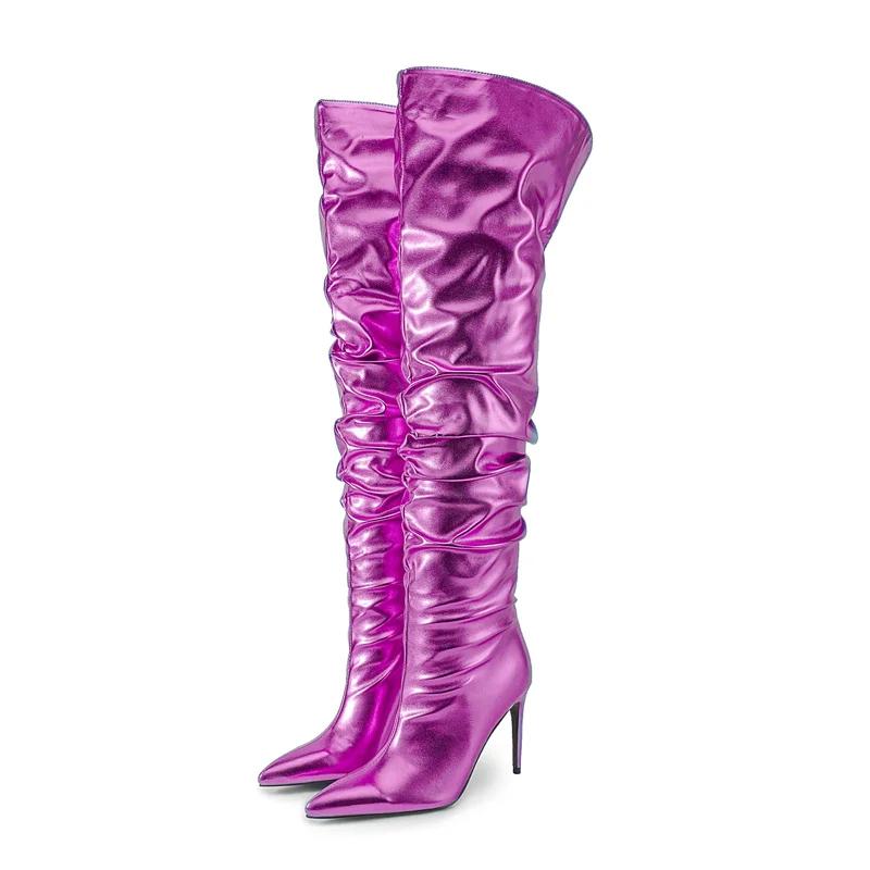 Fashion Sexy Solid Color Pleated Lazy Style Over The Knee Boots Autumn Winter Fashion Black Silver High-heel Women Long Boots Size 34-45