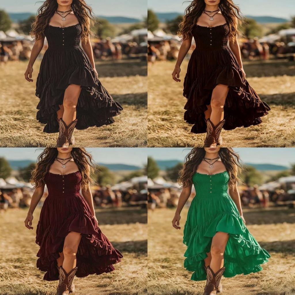 Vestido de Verano Estilo Bohemio con Dobladillo Fruncido y Falda Irregular para Salidas Casuales