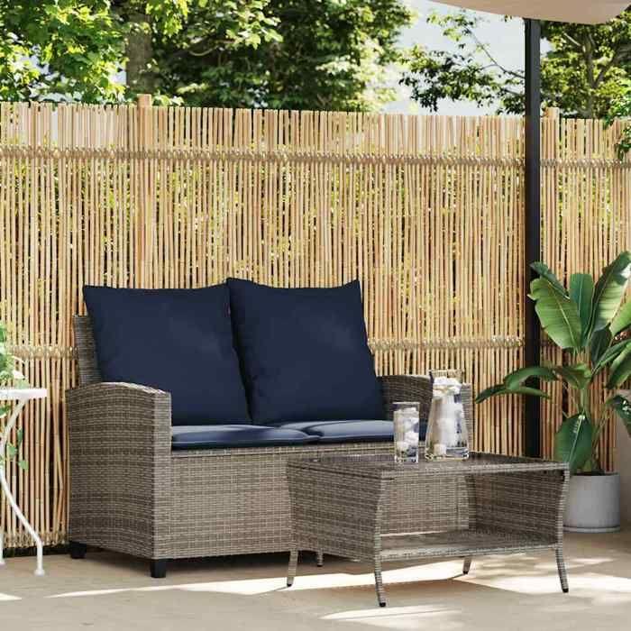 VidaXL Garden Sofa 2-seater Cushions and Table Grey Braided Resin, Outdoor Sofa, Garden Loveseat, Sofa of 4103852