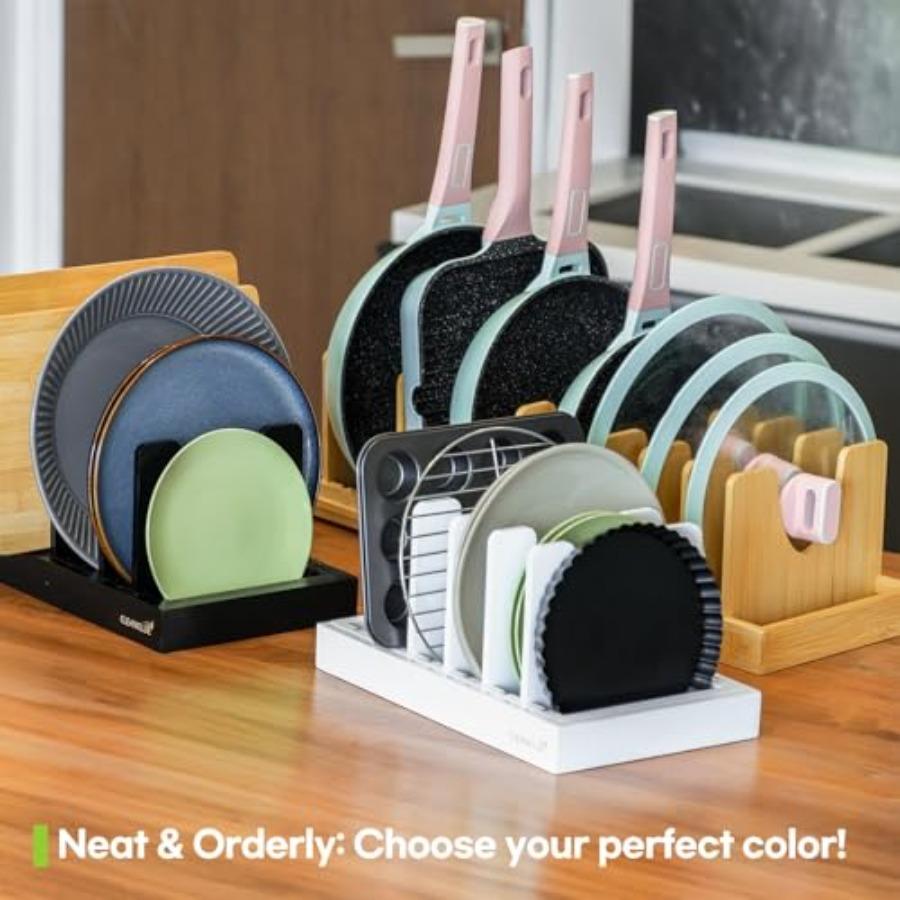 Kitchen Pots and Pans Organizer under Cabinet Bamboo Expandable Bakeware Cutting Board Tray Organizer Adjustable Pot Lids Holde