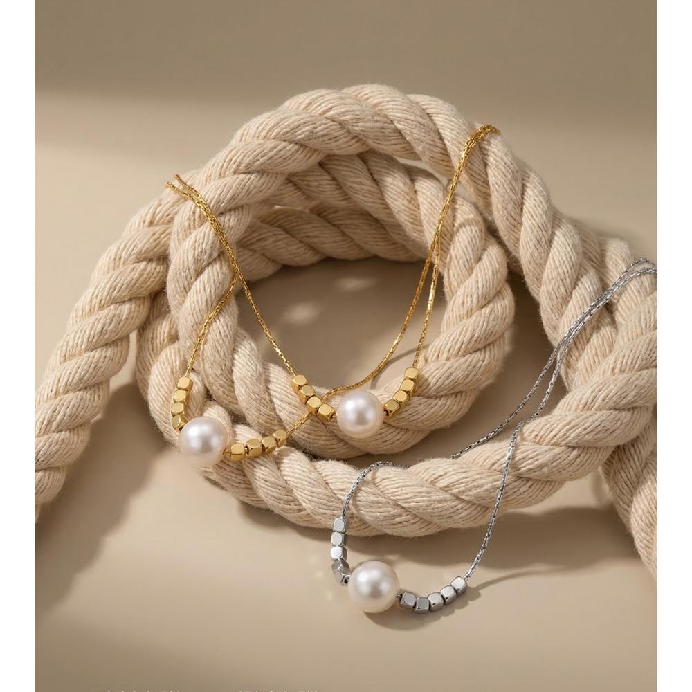 Yhpup Stainless Steel Natural Pearl Chic Pendant Necklace Summer Wear Stylish Simple Trendy Jewelry PVD Waterproof Plated