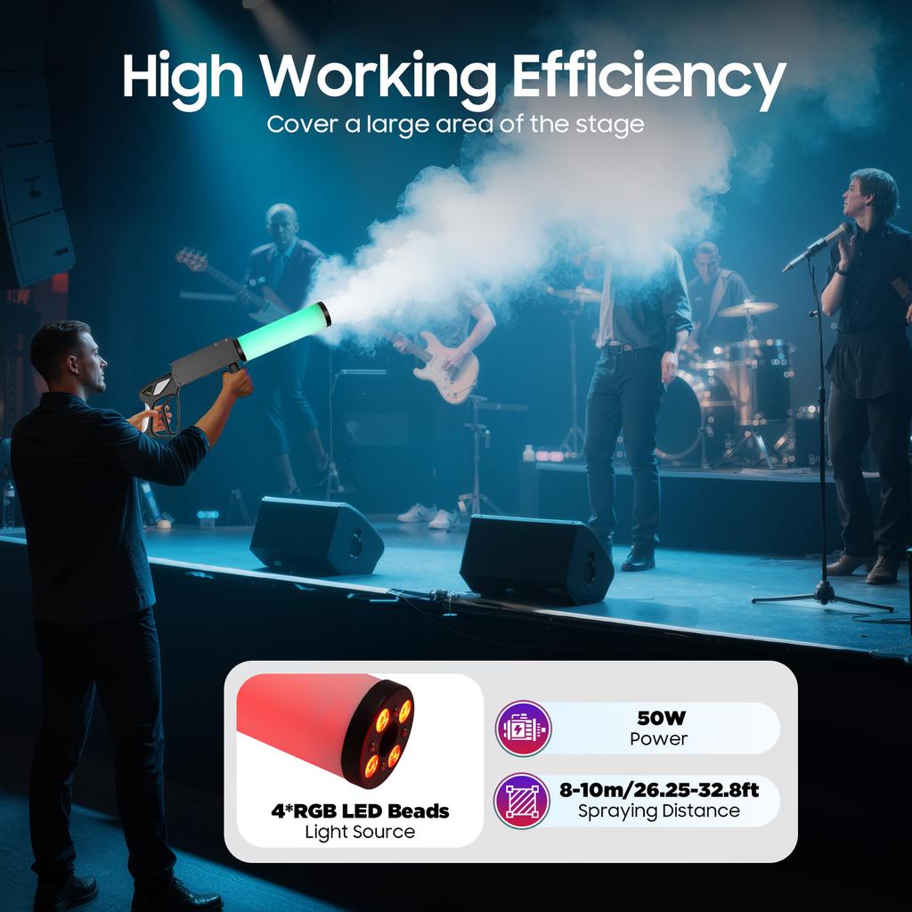 CO2 Handheld Fog Gun, 50W Stage Smoke Machine with LED Light Effects, DJ Special Effects Fog Gun