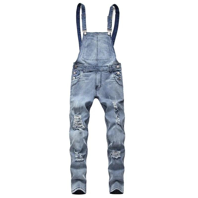 Tute da Lavoro Biker Eleganti da Uomo Salopette Jeans Tuta Jeans Uomo Streetwear Casual Elasticizzate Strappate Salopette Jeans con Bretelle Maschili