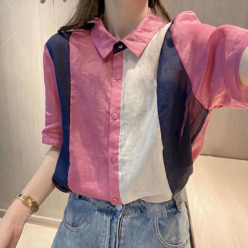 Temperament Splicing Contrasting Color Shirt for Women's Summer Design Niche and Age Reducing Versatile Short Sleeved Chiffon Top