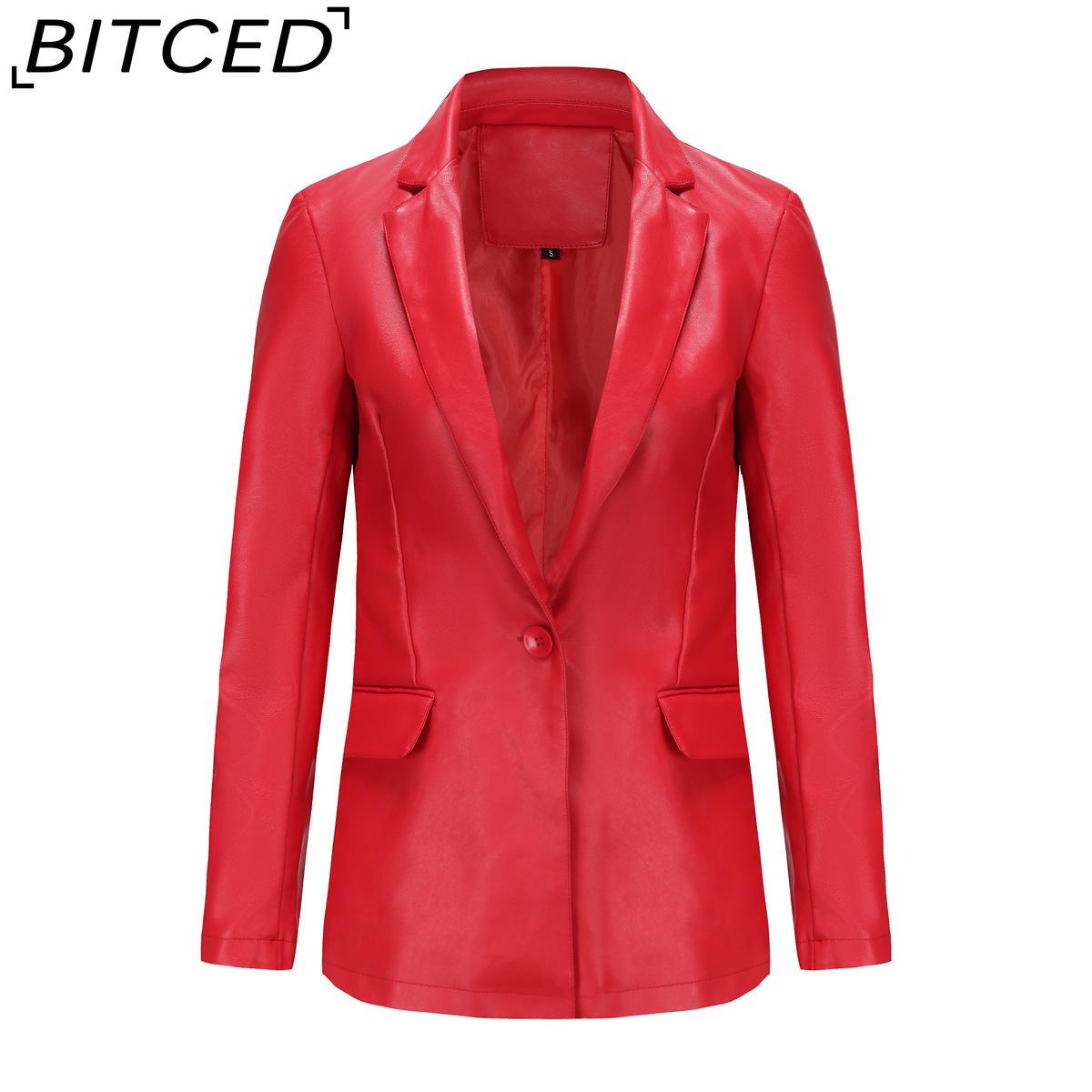 

BITCED Women s Single-Breasted Long-Sleeved Jacket Single-Button Commuter Casual Solid-Colour Leather Jacket XXL красный